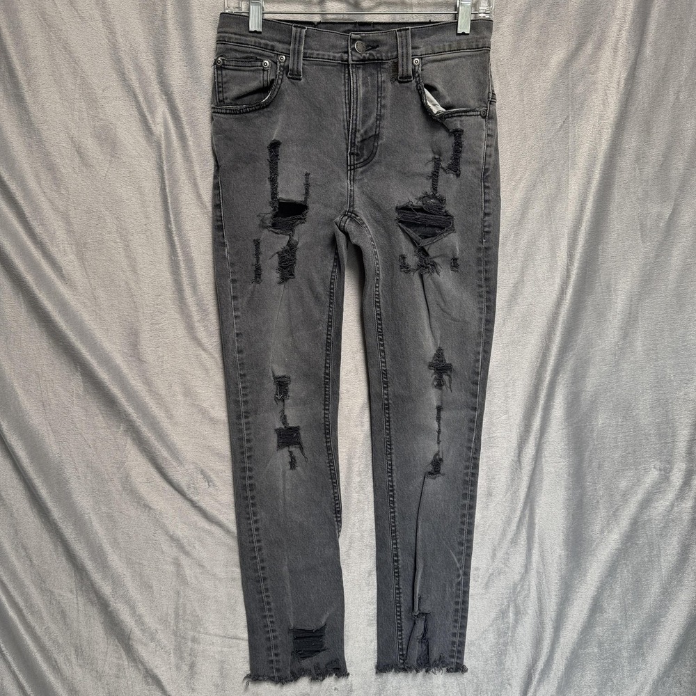 Nudie Jeans Co Jeans Mens Gray Black Distressed Ripped Raw Hem Slim Skinny Denim